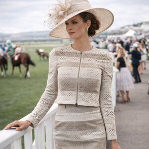 BCBGMaxAzria Chic Mesh Suede Two-Piece Suit |Cropped Jacket & Pencil Skirt